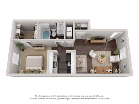 a stylized 3d floor plan with a bedroom and a living room